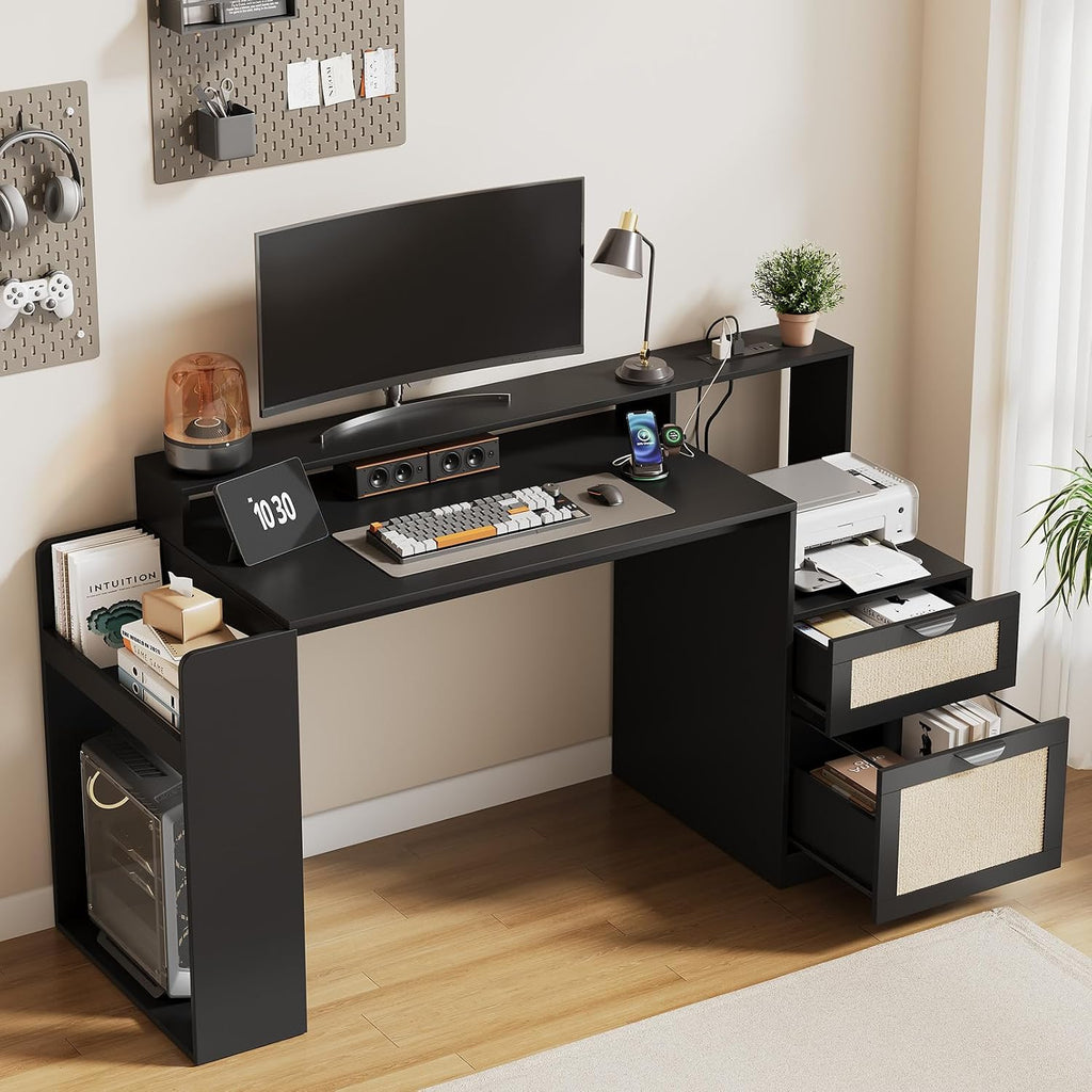 Farmhouse Computer Desk with Drawers and Power Outlets, 60' Home Office Desk with Adjustable File Drawer, Cat Scratching Pad, Printer Stand, Shelves & Monitor Riser, Black