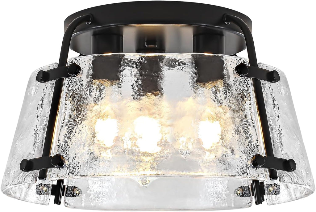Modern Semi Flush Mount Ceiling Light, 3-Light Black Kitchen Light Fixtures Thick Hammered Glass Close to Ceiling Lights for Hallway Entryway Dining Room Bedroom Bathroom Laundry Room