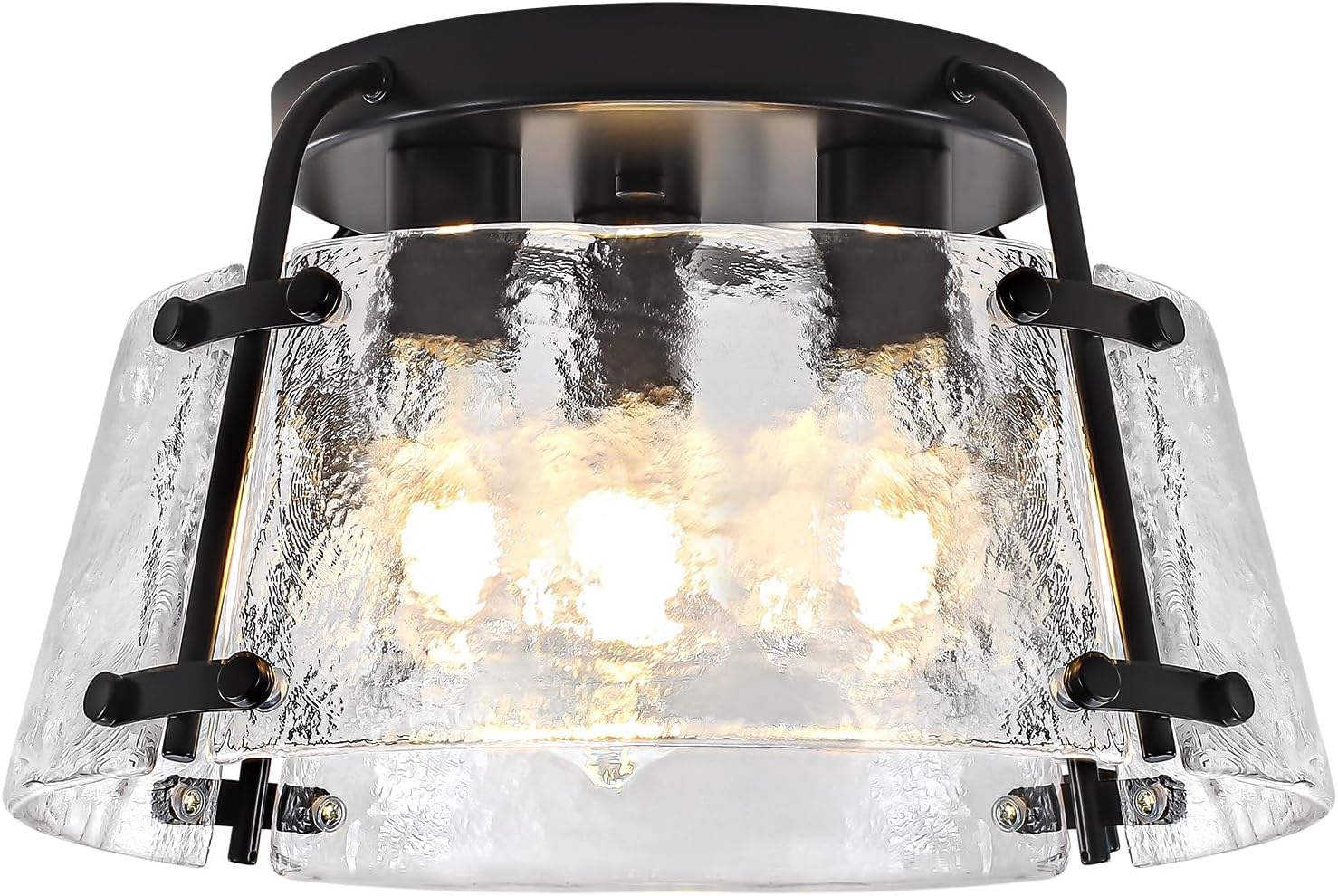 Modern Semi Flush Mount Ceiling Light, 3-Light Black Kitchen Light Fixtures Thick Hammered Glass Close to Ceiling Lights for Hallway Entryway Dining Room Bedroom Bathroom Laundry Room