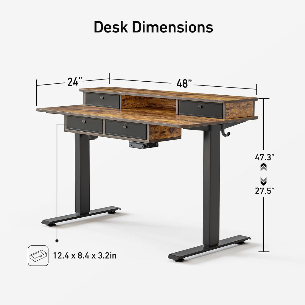 FEZIBO 48 x 24 inch Standing Desk with Drawers, Height Adjustable Electric Workstation, Computer Sit Stand Up Table with Large Storage Shelf 4 Drawers and 2 Hooks, Rustic Brown