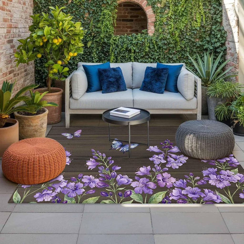 Purple Flowers Outdoor Rug for Patio/Deck/Porch, Non-Slip Large Area Rug 4 x 6 Ft, Butterfly Spring Floral Wooden Farmhouse Indoor Outdoor Rugs Washable Area Rugs, Reversible Camping Rug Carpet Runner