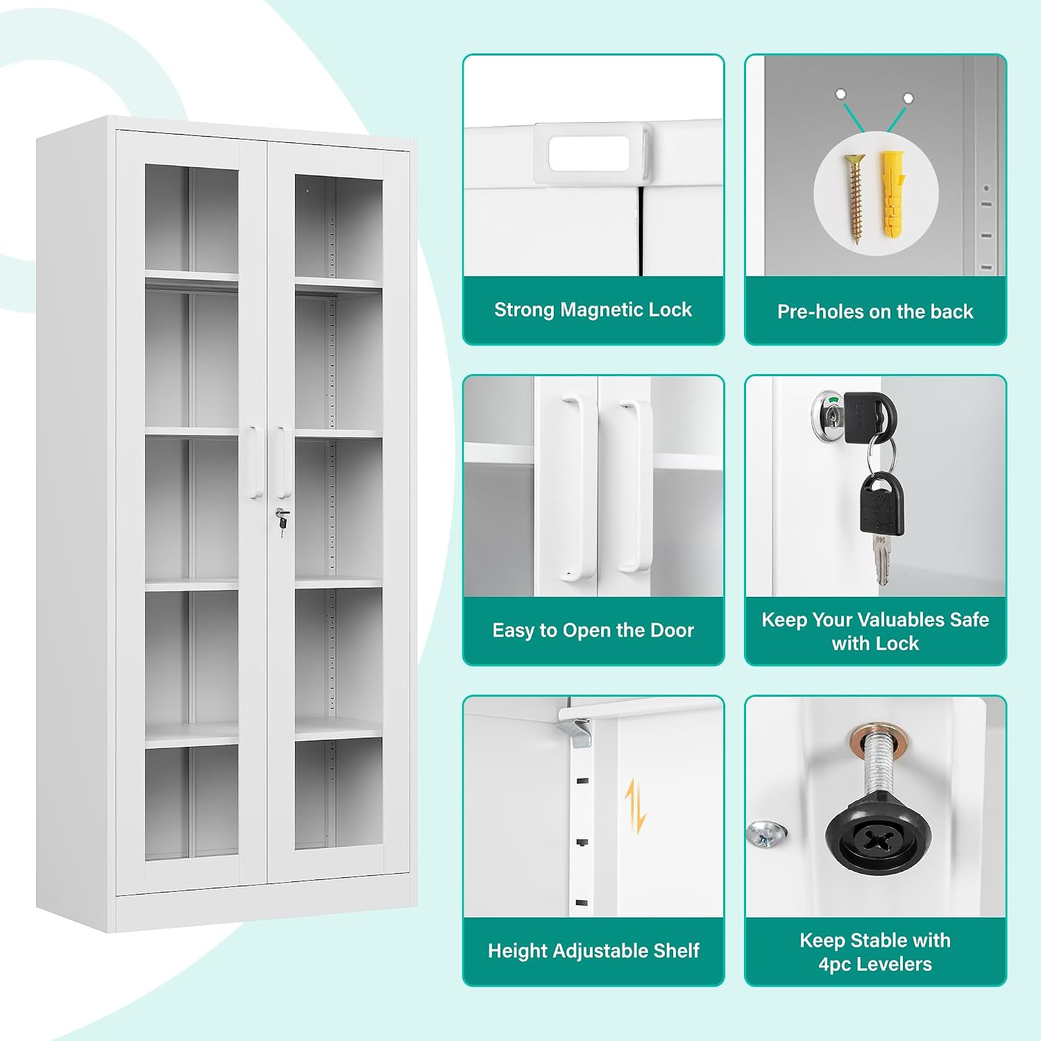 Metal Storage Cabinet with Lock and Glass Doors,71' Tall Glass Display Cabinet,White Storage Cabinets,Locking Curio Cabinets with 5 Shelves for Collectibles,Home,Office,Living Room