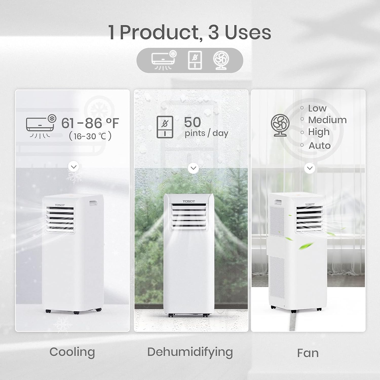 TOSOT 9,000 BTU Air Conditioner Easier to Install, Quiet and 3-in-1 Portable AC, Dehumidifier, Fan for Rooms up to 250 Sq Ft, Aovia Series, White