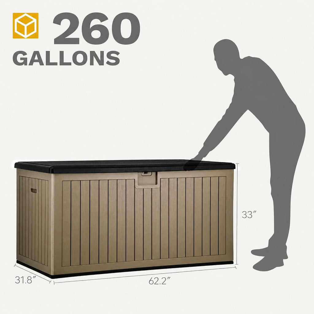 DWVO 260 Gallon Double-Wall Deck Box with Divider, XXL Extra Large Resin Outdoor Storage Box, Lockable & Waterproof, Double as Seating, 1000lbs Capacity (Black&Brown)