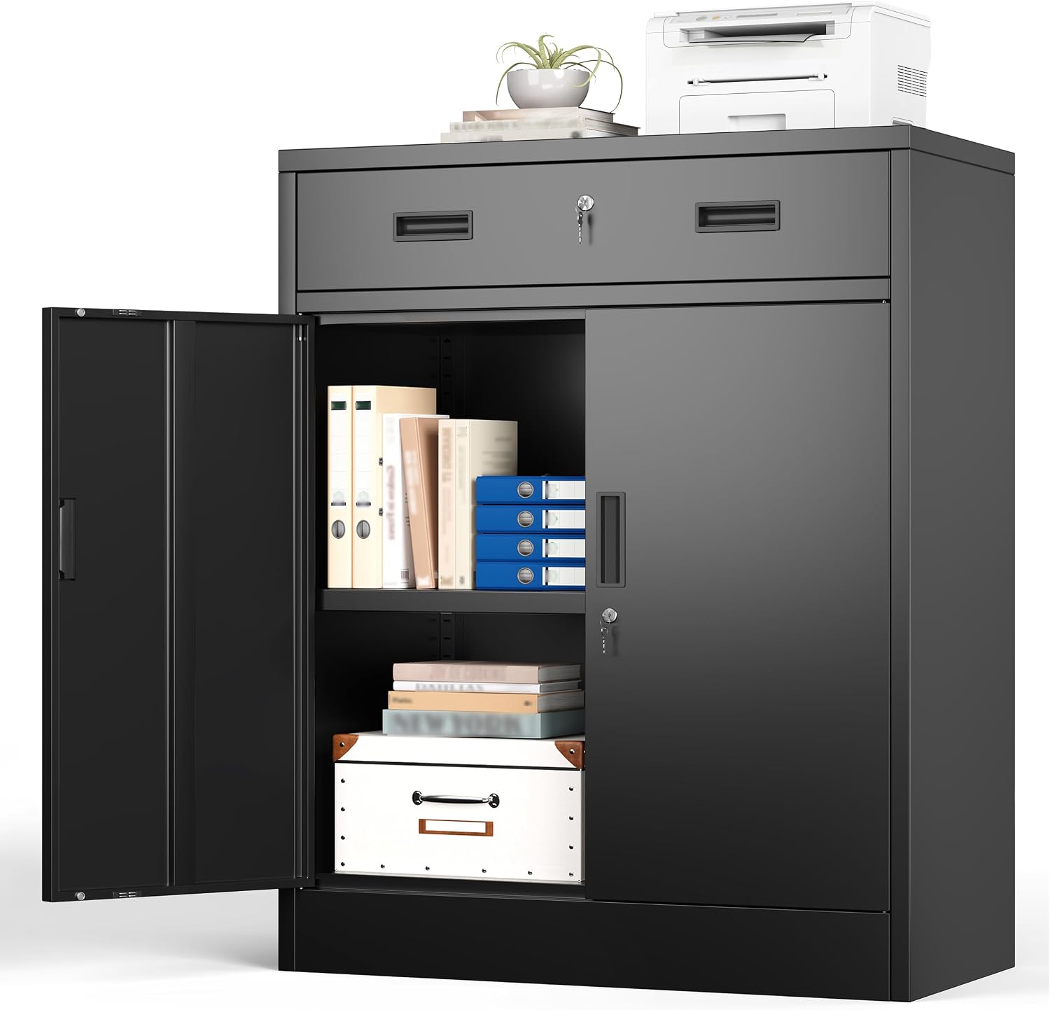 BESFUR Metal Storage Cabinet with Doors and Shelves, 36' H Locking Storage Cabinet with 1 Drawers, Reinforced Heavy Duty Metal Cabinets for Garage, Office, Home(Black)