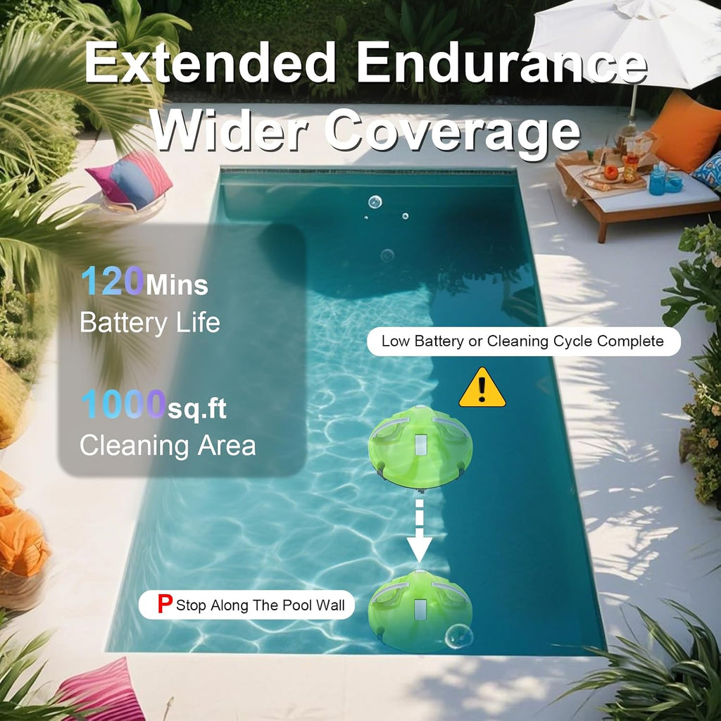 2026 Cordless Robotic Pool Cleaner - 120 Mins Automatic Pool Vacuum for Above Ground Pool & In - Ground Flat Pools up to 1000 Sq.Ft, Robot Pool Cleaner with Self - Parking Tech