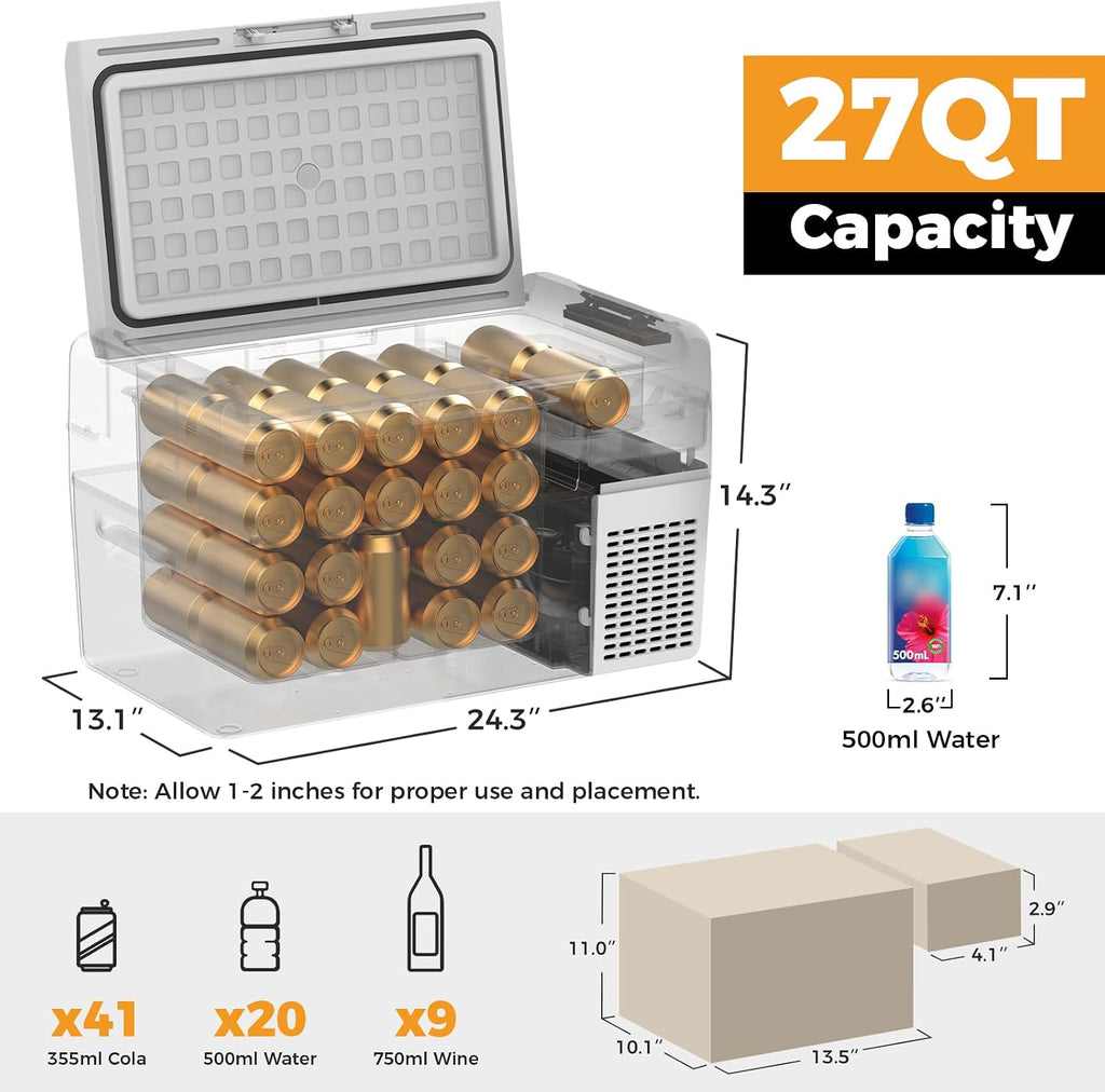 Setpower Car Refrigerator with Cover 50 Hours Backup Cooling 27 Quart 12 volt Fridge Portable Car Freezer 12V Coolers for Vehicles Electric Cooler for Car (RF25 Grey)