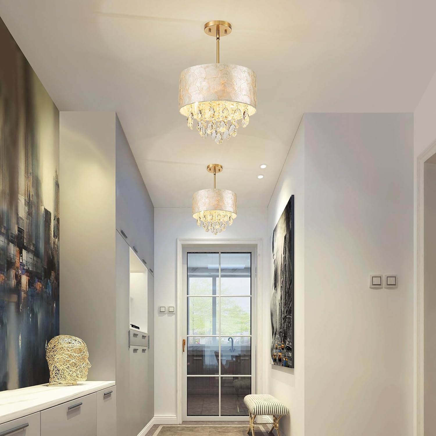 LumFurn D12in Drum Capiz Shell Crystal Chandeliers, 3-Light Coastal Pendant Light Fixture for Dining Room, Living Room, D12xH19~49'(Adjustable), K9 Crystal, Shell Lampshade & Brass Finish