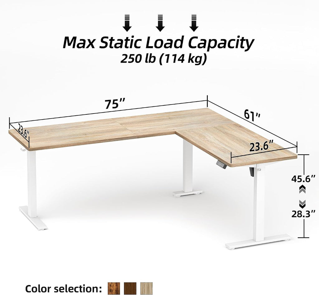TIQLAB 75 x 61 inch Executive L Shaped Standing Desk Adjustable Height, Electric Corner Standing Desk, Sit Stand Computer Table with Splice Board, Maple