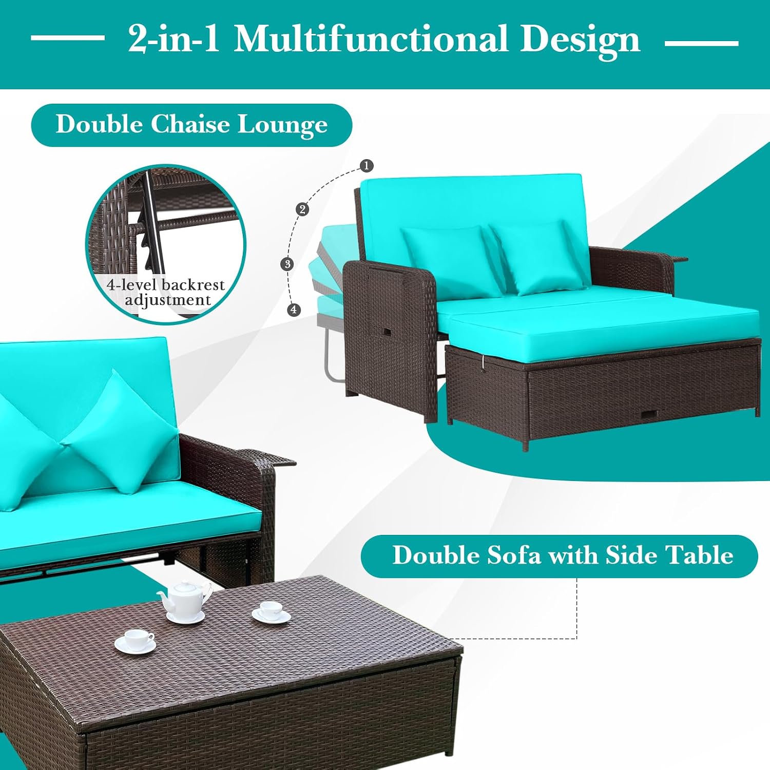 COSTWAY Patio Rattan Daybed with Cushions, Outdoor Wicker Loveseat Sofa with Storage Ottoman, 4-Level Adjustable Backrest, Bed Lounger for Yard, Balcony, Porch, Garden, Pool (Turquoise)
