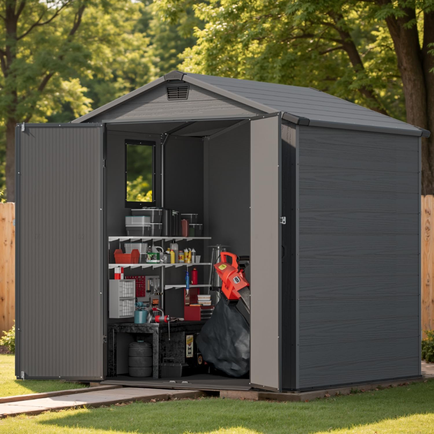Patiowell 6X6 FT Plastic Outdoor Storage Shed with Floor, Resin Outside Tool Shed with Window and Lockable Door for Garden, Backyard, Tool Storage Usage, Easy to Install, Dark Grey