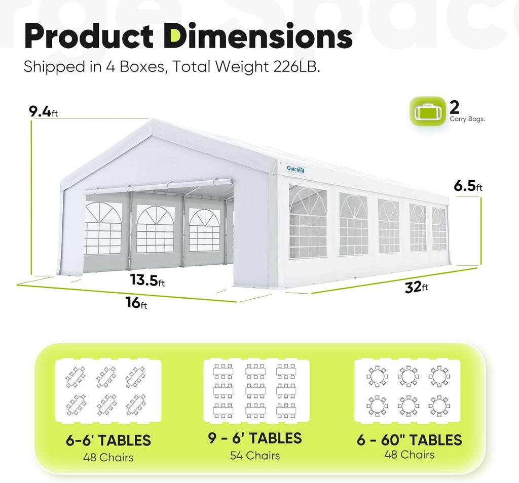 Quictent 16x32 Party Tent Heavy Duty Outdoor Canopy Tent Carport Wedding Event Shelter BBQ Wedding Tents for Parties with Storage Bags(Church)