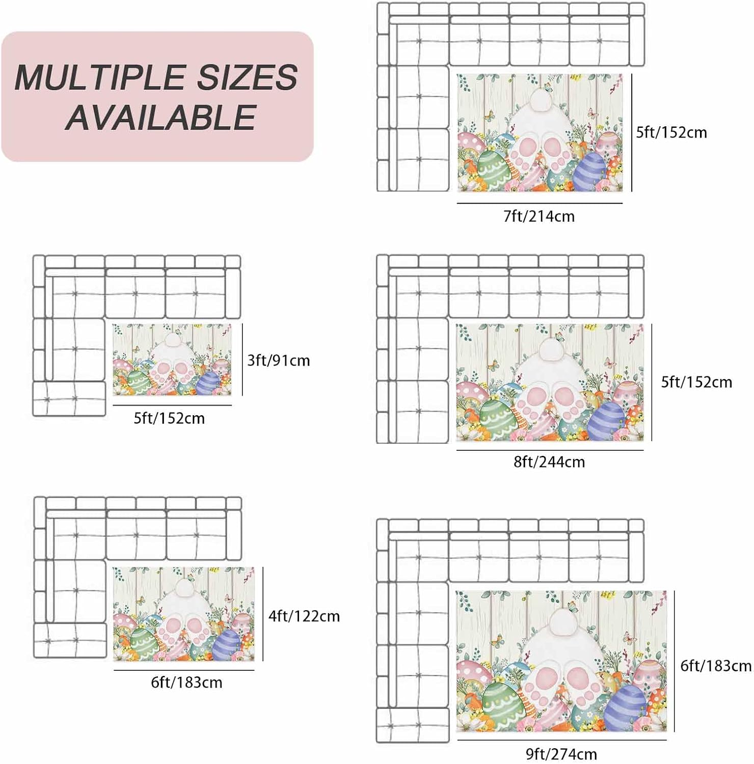 Easter Outdoor Rug for Patio/Deck/Porch, Non-Slip Large Area Rug 6 x 9 Ft, Spring Rabbit Ears Foot Colorful Eggs Leaf Floral Indoor Outdoor Rugs Washable Area Rugs, Camping Rug Carpet Runner