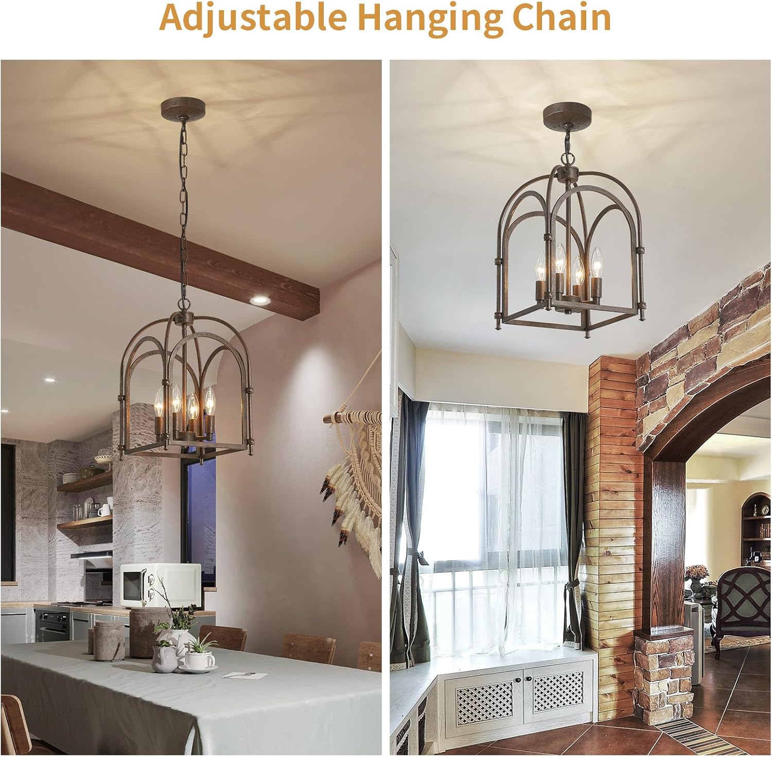 4-Light Chandeliers, Farmhouse Chandelier for Dining Room Light Fixtures, Lantern Metal Kitchen Pendant Light Fixtures, Rustic Cage Chandelier for Bedroom Living Room Kitchen Island Hallway
