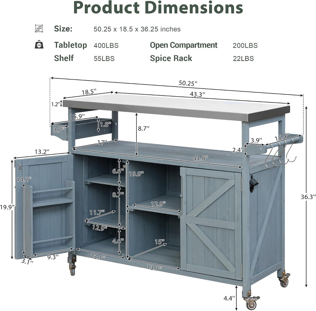 Ball & Cast Outdoor Kitchen Island,Rolling Bar Cart & Storage Cabinet,Farmhouse Solid Wood Outdoor Grill Table with Stainless Steel Top,Spice and Towel Rack,for Kitchen,Barbecue,Grey+Blue,50.25'