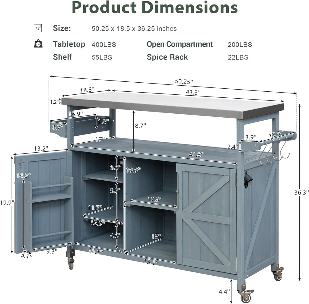 50.25'' Outdoor Kitchen Island, Rolling Bar Cart & Storage Cabinet, Farmhouse Solid Wood Outdoor Grill Table with Stainless Steel Top, Spice Rack, Towel Rack for Kitchen & BBQ, Grey Blue