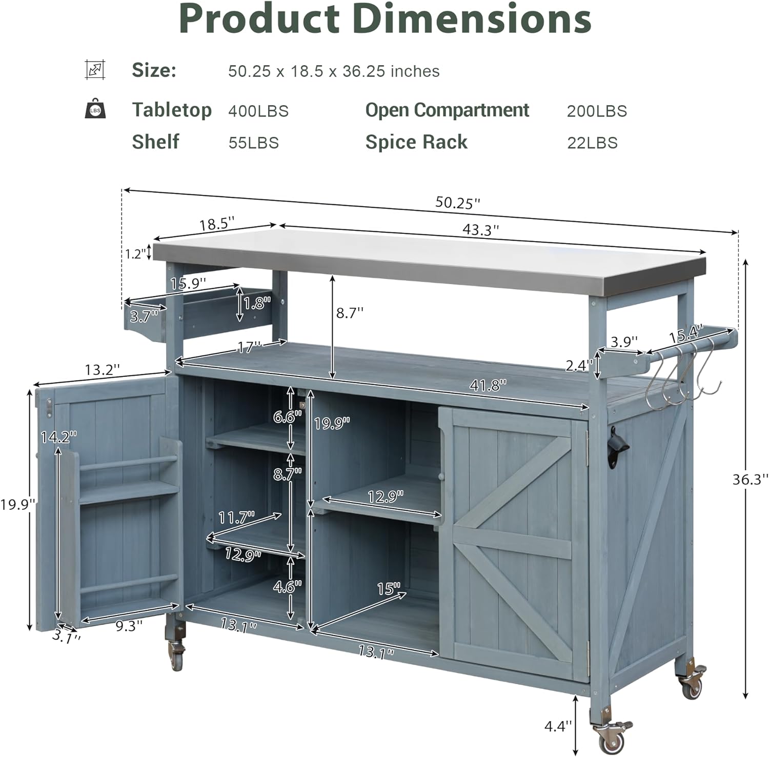 50.25'' Outdoor Kitchen Island, Rolling Bar Cart & Storage Cabinet, Farmhouse Solid Wood Outdoor Grill Table with Stainless Steel Top, Spice Rack, Towel Rack for Kitchen & BBQ, Grey Blue