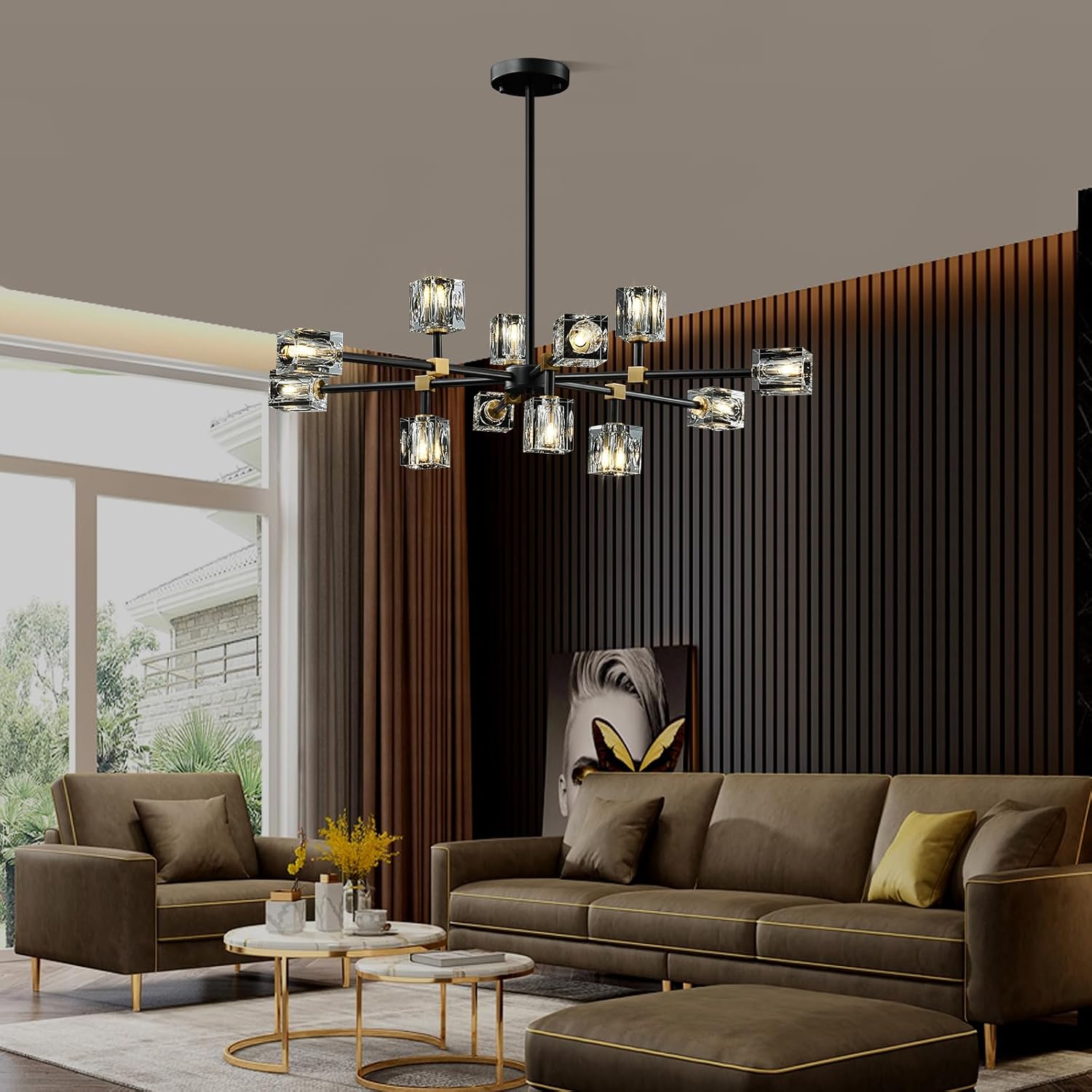 Modern Sputnik Crystal Kitchen Chandelier - Luxury Elegant 12 Light Adjustable Height Pendant Lighting Ceiling Fixture - Black and Gold Brushed Brass Chandeliers for Dining Room Living Room Island