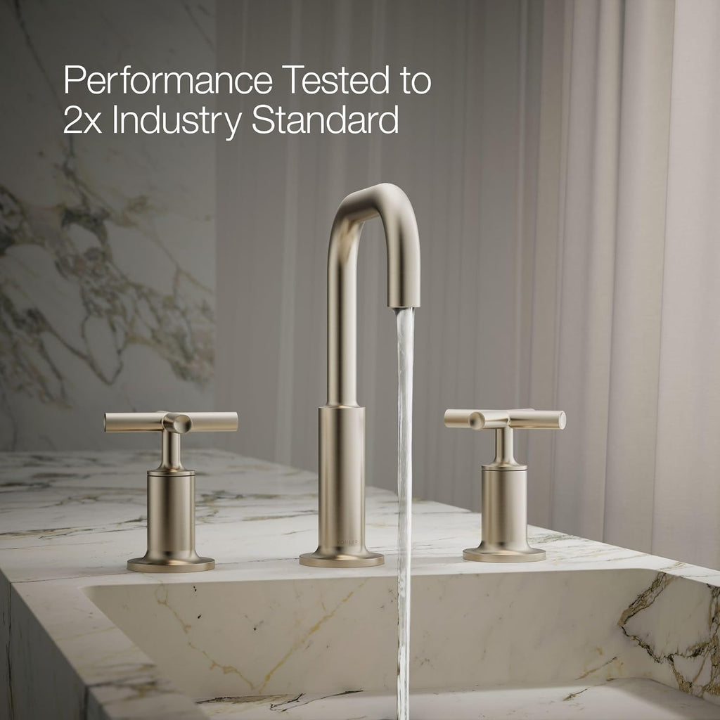 KOHLER K-14406-3-BN Purist® Widespread Bathroom Sink Faucet, Bathroom Faucets, 3-Hole with Low Cross Handles, 1.2 GPM, Vibrant Brushed Nickel