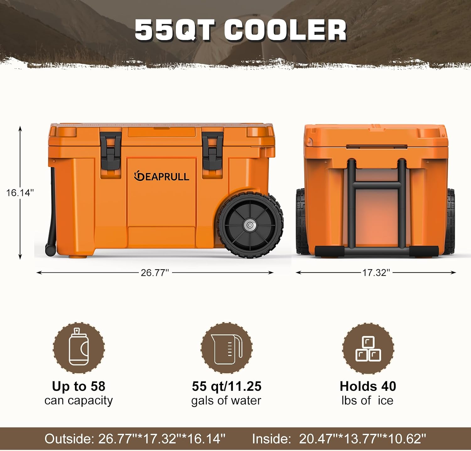 55 Quart Cooler with Wheels, Ice Chests Portable Camping Cooler Holds Ice up to 6 Days, Leak-Proof Outdoor Insulated Cooler with Handle, Cup Holders, Hard Cooler for Camping, Beach, Boat