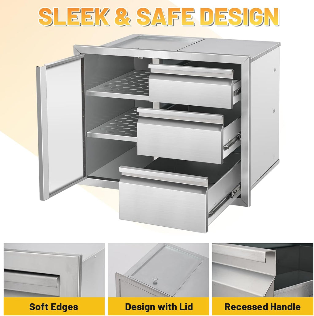 Outdoor Kitchen Drawer Combo Cabinet Stainless Steel Triple Drawers & Access Door, 28' W x 22' H x 19.5' D, Multi-Layer Design with Partition, Perfect for BBQ Grill Station