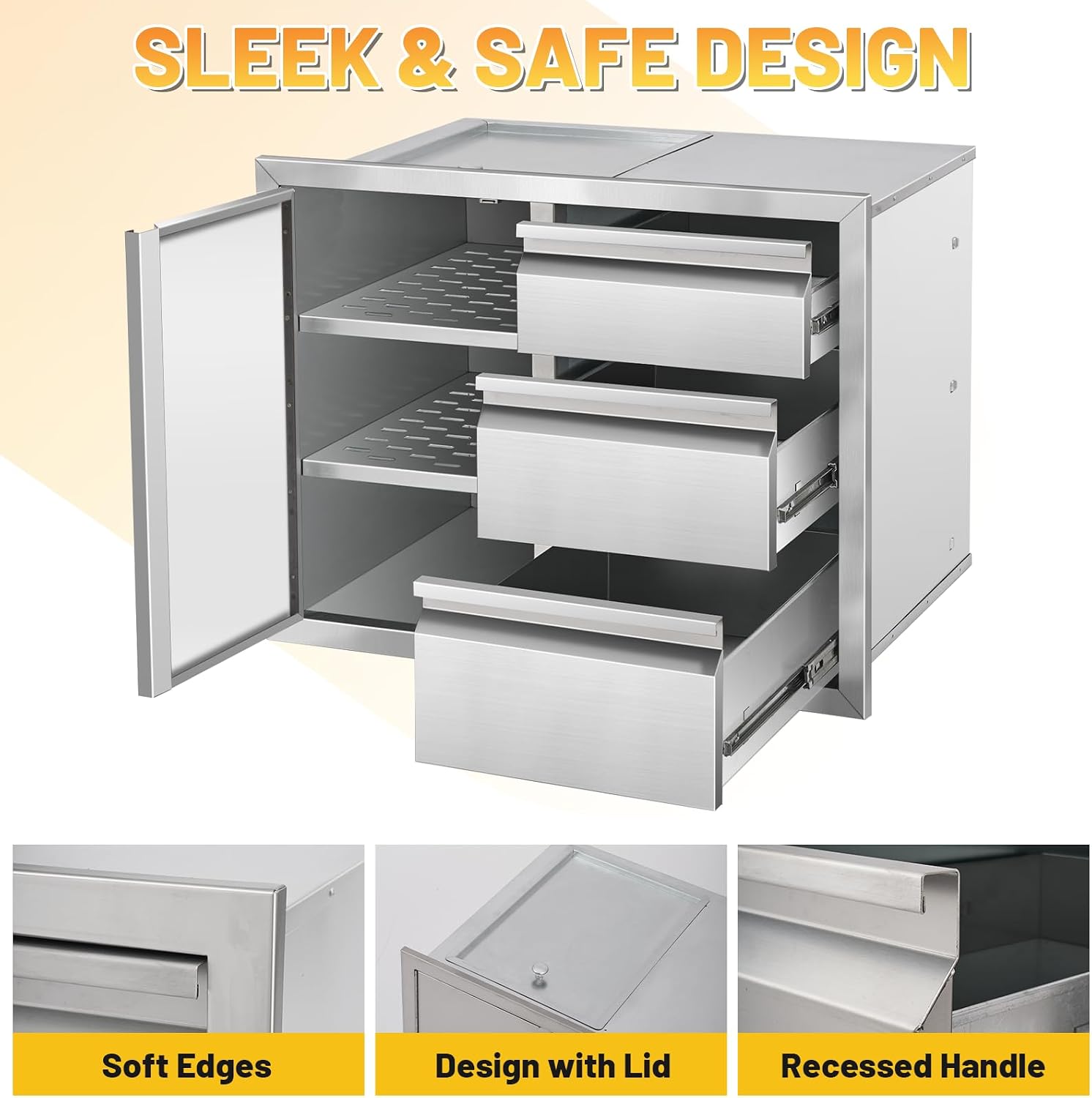 Outdoor Kitchen Drawer Combo Cabinet Stainless Steel Triple Drawers & Access Door, 28' W x 22' H x 19.5' D, Multi-Layer Design with Partition, Perfect for BBQ Grill Station