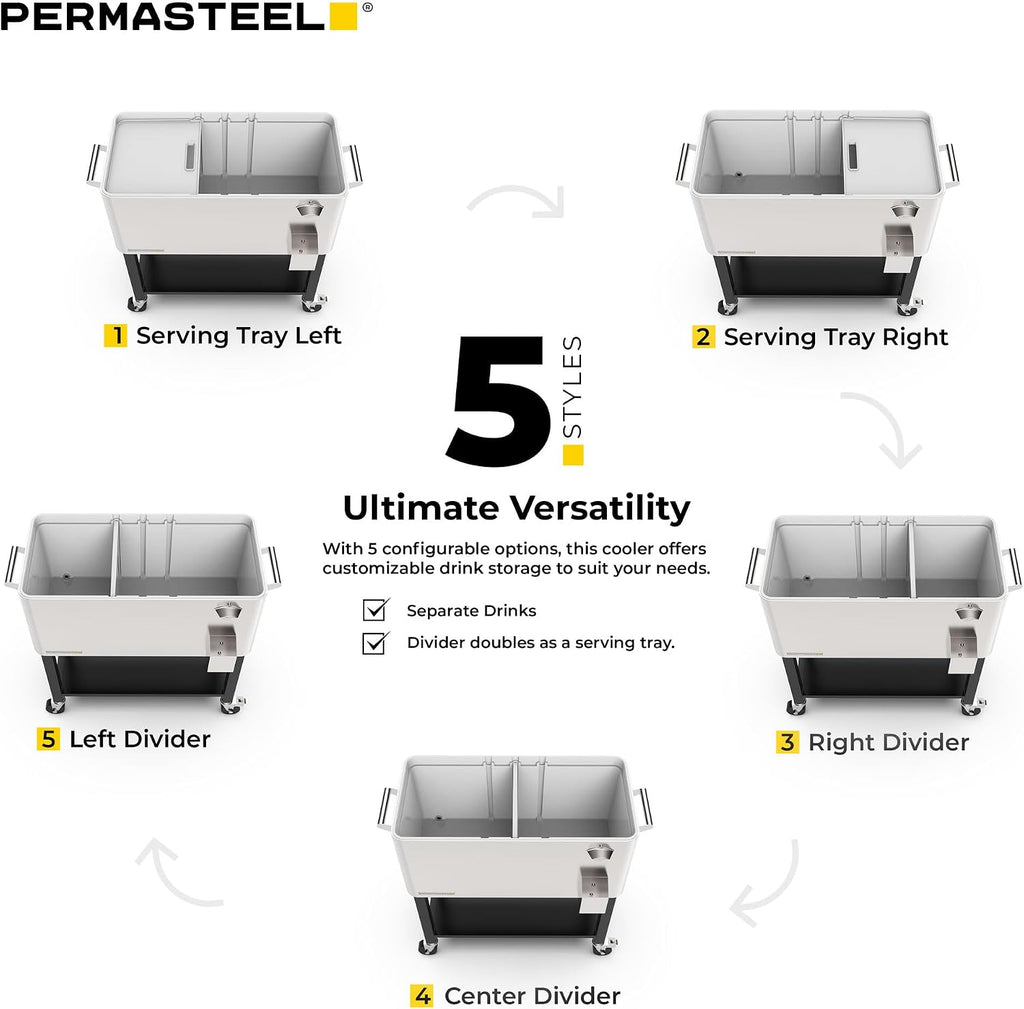Permasteel Party Cooler with Divider, Removable Basin, Spacious 80-Qt Capacity, Chills 36hrs, Serving Tray, Rolling Ice Chest for Indoor & Outdoor