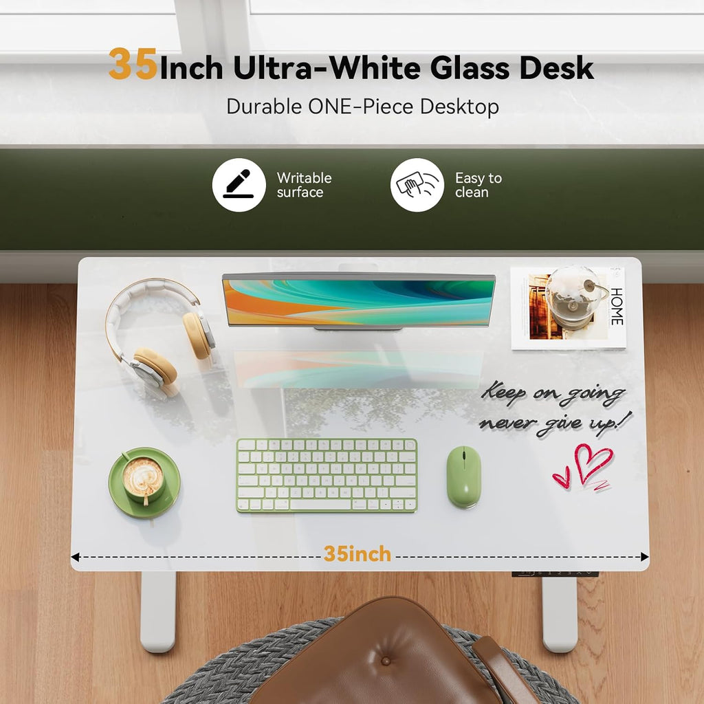 Gibbon Mounts Glass Standing Desk with Drawer, 35×20Inch Whole Piece Height Adjustable Rising Desk, Electric Sit Stand Desk with Wheels, Small Computer Desk, White