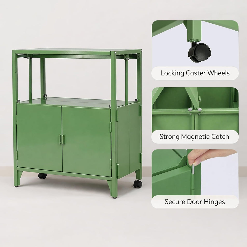 Modern Metal Folding Storage Cabinet, Cream Foldable Sideboard with Shelves, Entryway Console Cabinet Coffee Bar for Patio Outdoor Indoor Living Room Kitchen Bathroom, 5mins Assembly, Green