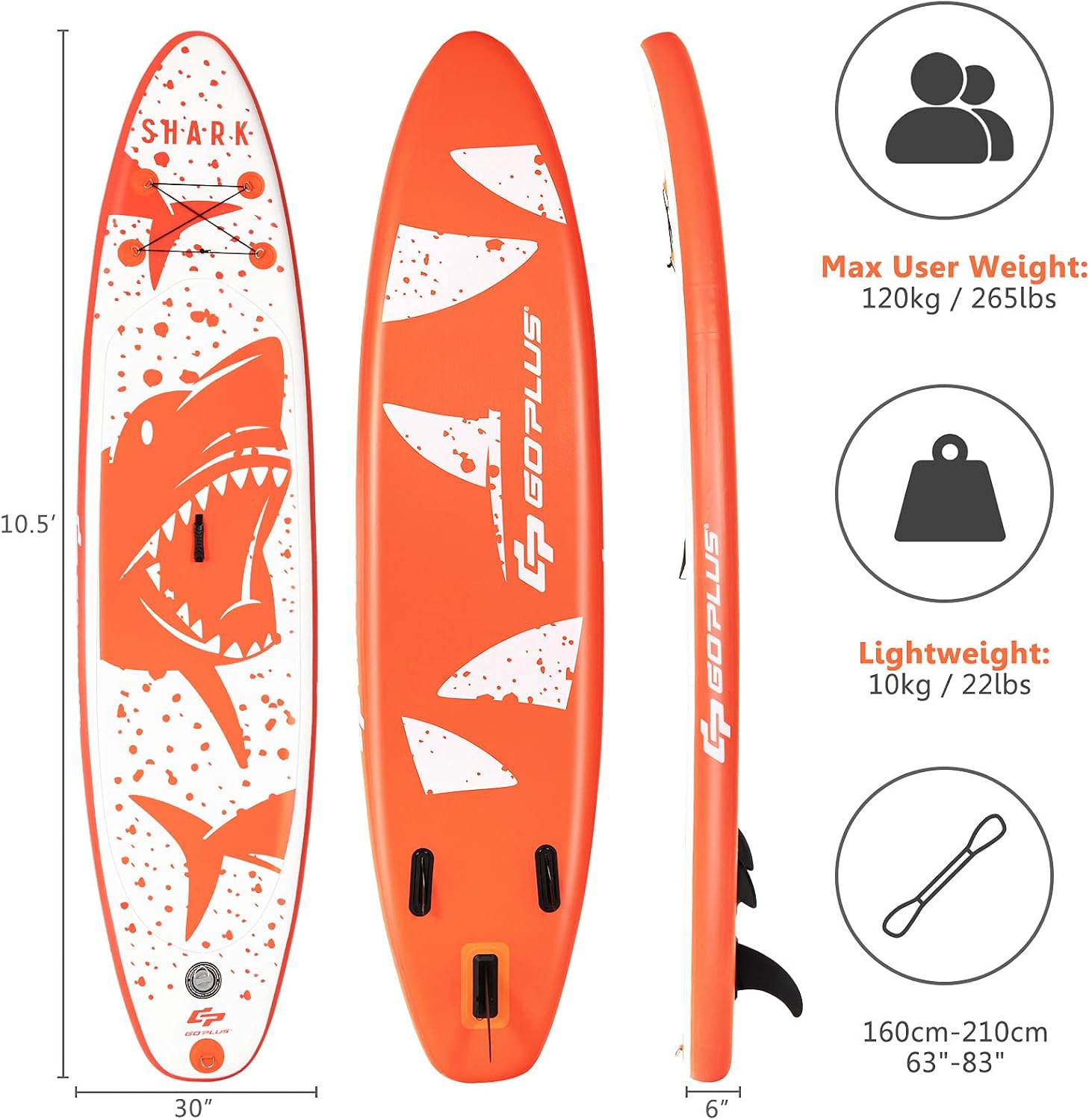 Goplus Inflatable Stand up Paddle Board, 10'/10.5'/11' SUP 6' Thick with Premium Accessories, Adjustable Aluminum Paddle, Leash, Carry Bag, Hand Pump, Removable Fin, ISUP for Adults