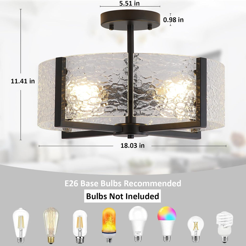 18' Black Large Semi Flush Mount Ceiling Light, 4-Light Farmhouse Ceiling Light, Foyer Light Fixtures Modern Glass Ceiling Mount for Entryway Bathroom Hallway Bedroom Kitchen