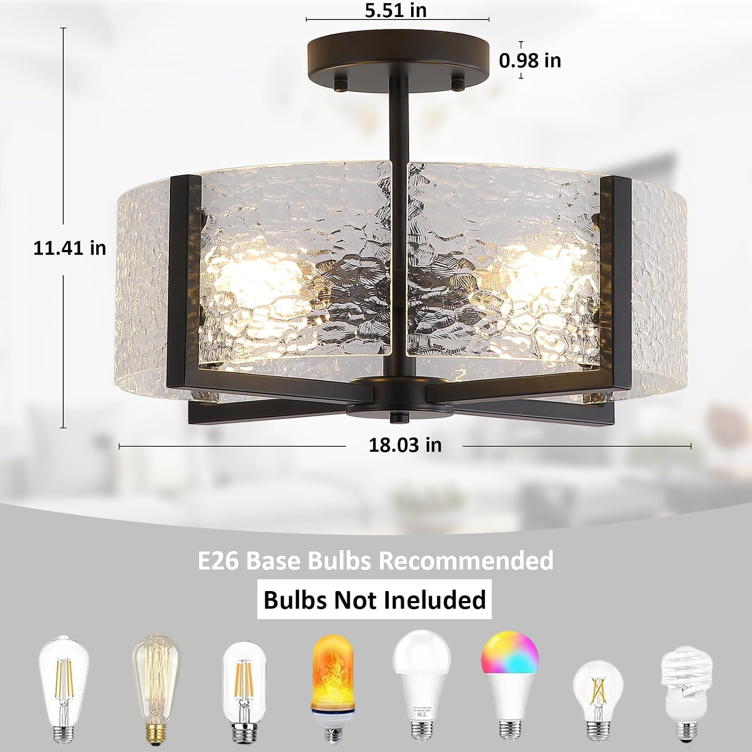 18' Black Large Semi Flush Mount Ceiling Light, 4-Light Farmhouse Ceiling Light, Foyer Light Fixtures Modern Glass Ceiling Mount for Entryway Bathroom Hallway Bedroom Kitchen
