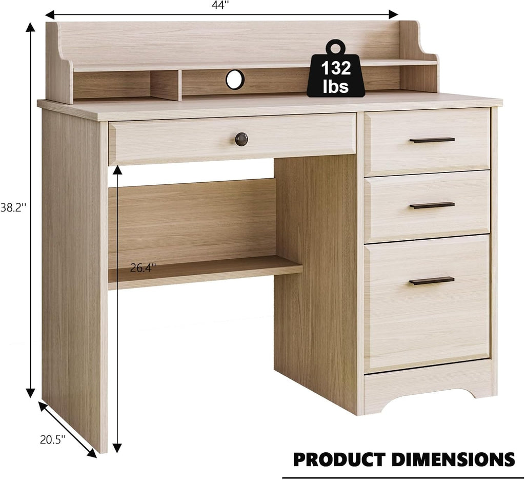 4 EVER WINNER Small Desk with Drawers for Small Spaces, 44'' Computer Desk with File Cabinet & Monitor Stand, Wood Writing Desk for Bedroom, Living Room, Off White