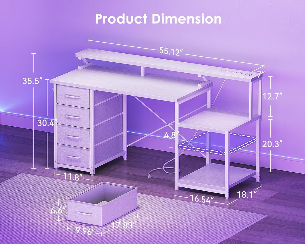 ODK 55 Inch Gaming Computer Desk with Power Outlets and 4 Drawers, Large Home Office Desk with Monitor Stand, Printer Shelf and Storage Shelves for Gaming or Bedroom Setup, White