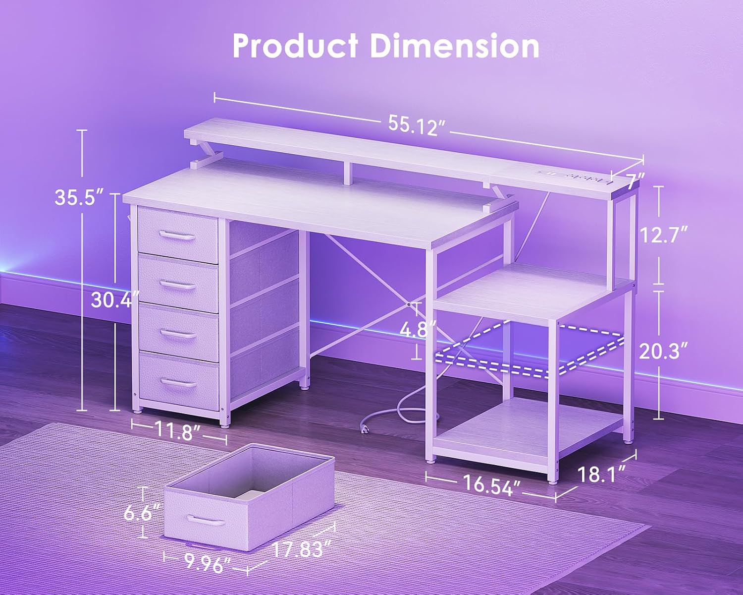 ODK 55 Inch Gaming Computer Desk with Power Outlets and 4 Drawers, Large Home Office Desk with Monitor Stand, Printer Shelf and Storage Shelves for Gaming or Bedroom Setup, White