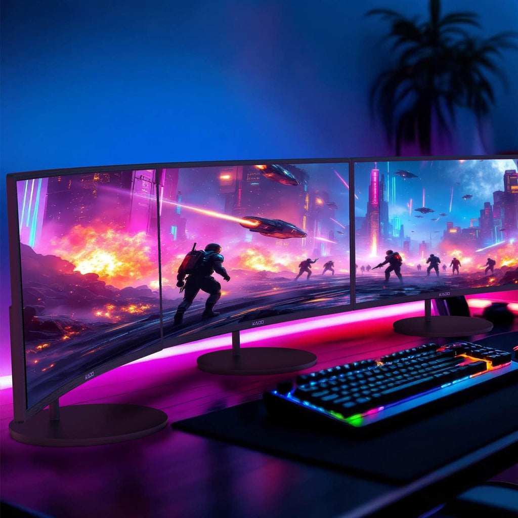 Kado Triple Monitor Setup - 3-Pack 27' 1920x1080 Curved Computer Monitor 1500R 75Hz VESA Mount HDMI Office Gaming Hybrid Sim Racing Built-in Speakers (C27 Trio Series)