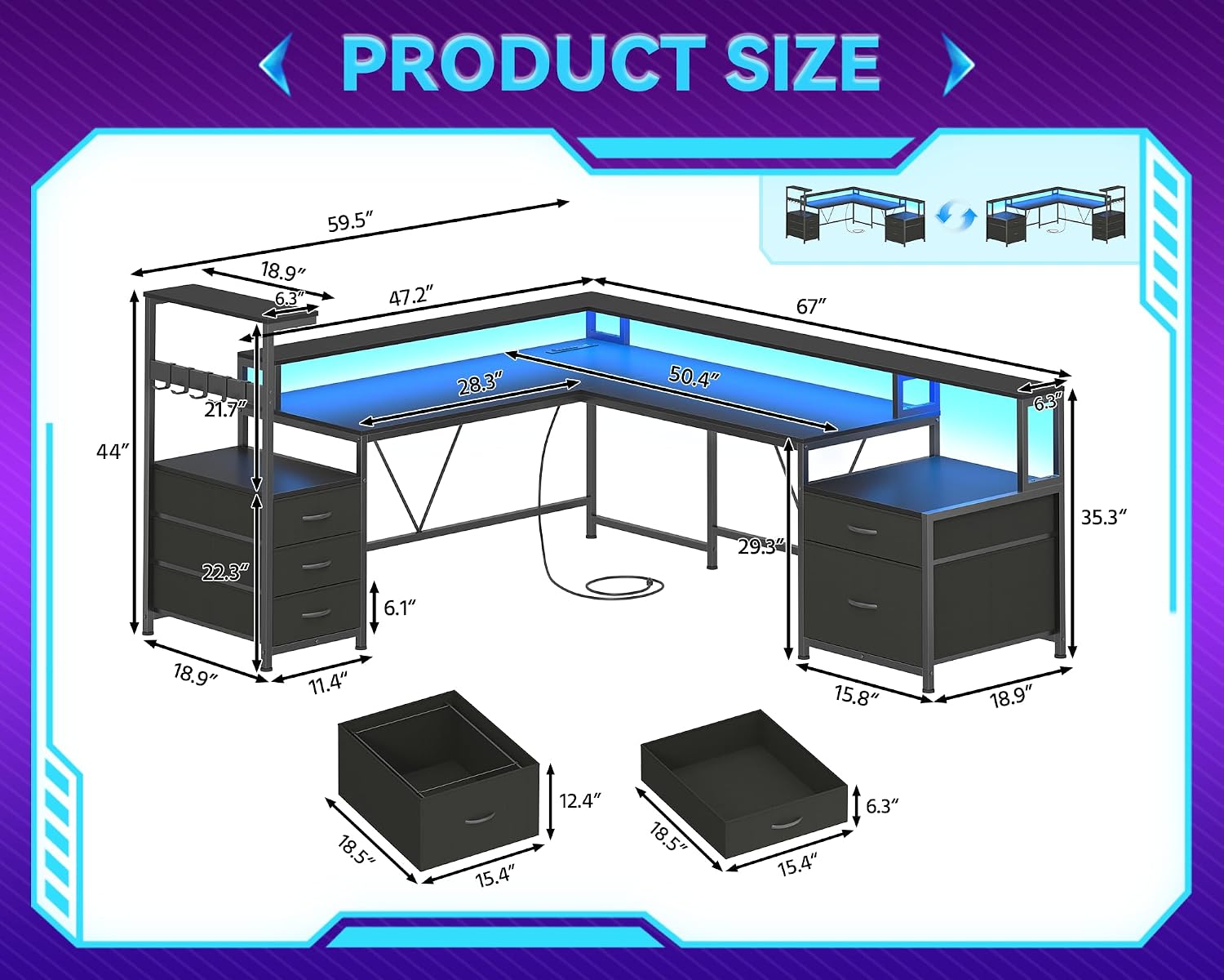 L Shaped Desk with Drawers & Storage Shelf, Corner Computer Desk with Printer Stand & Power Outlet, Gaming Desk Home Office Desk with Led Lights & Monitor Stand, Black