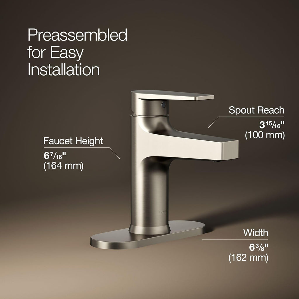 KOHLER K-74021-4-BN Taut® Single-Handle Bathroom Sink Faucet, 1.2 GPM, Minimalist Design, Corrosion Resistant, Vibrant Brushed Nickel