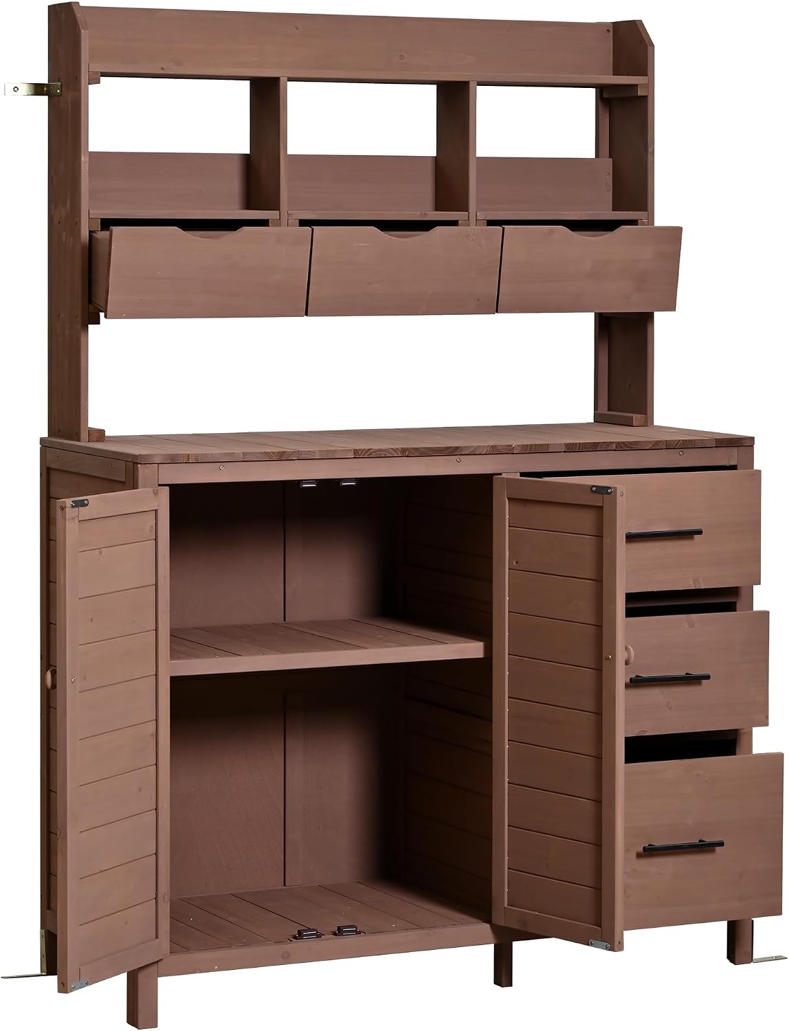 65' H Large Patio Potting Bench, Farmhouse Garden Workstation with 6 Drawers, Bottom Cabinet and Side Hook, Adjustable Shelf, Fir Wood Frame Outdoor Kitchen Island (Brown/101)