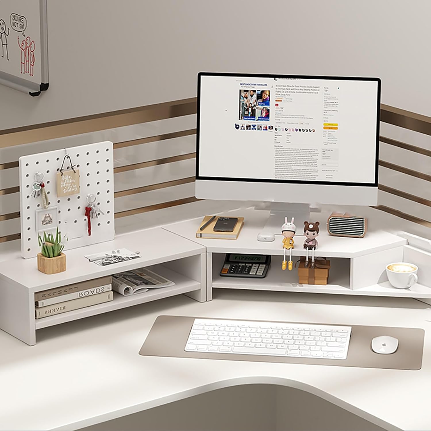 TREGOO Corner Monitor Stand Corner Monitor Stand 2 Tier Office Organizer Rack with Storage and Holey Board, Wooden Corner Monitor Stands for Desk, Monitor Shelf Riser (Color : White), 78634