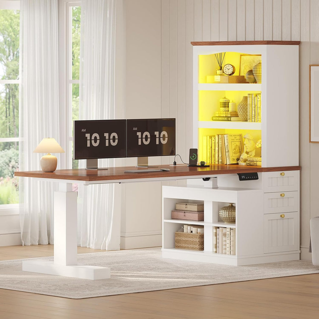 UPOSOJA Farmhouse Standing Desk Adjustable Height with 3-Tier Bookcase, 55' Executive Electric Office Desk, Sit Stand Computer Desk with Storage Shelves, File Drawers, Power Outlets, Led Light, White