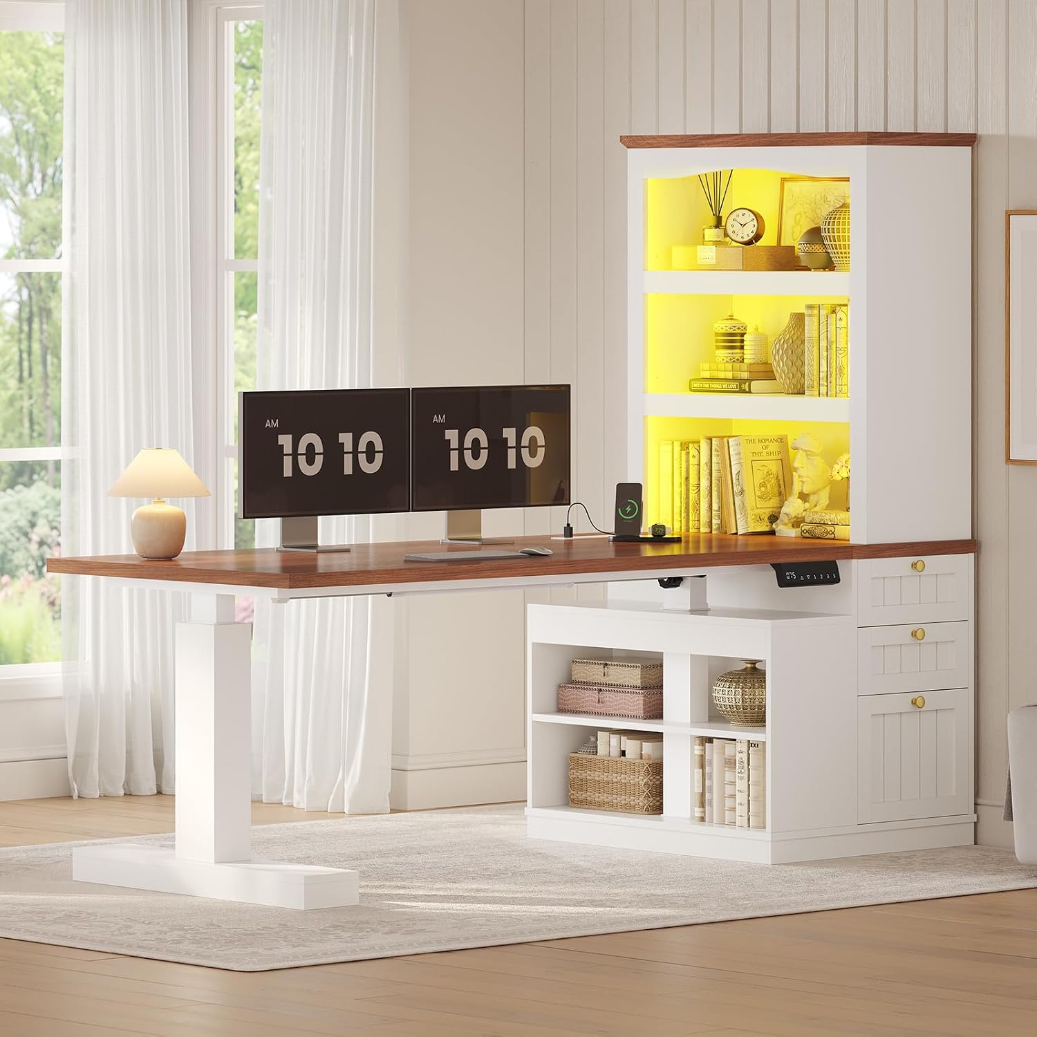 UPOSOJA Farmhouse Standing Desk Adjustable Height with 3-Tier Bookcase, 55' Executive Electric Office Desk, Sit Stand Computer Desk with Storage Shelves, File Drawers, Power Outlets, Led Light, White