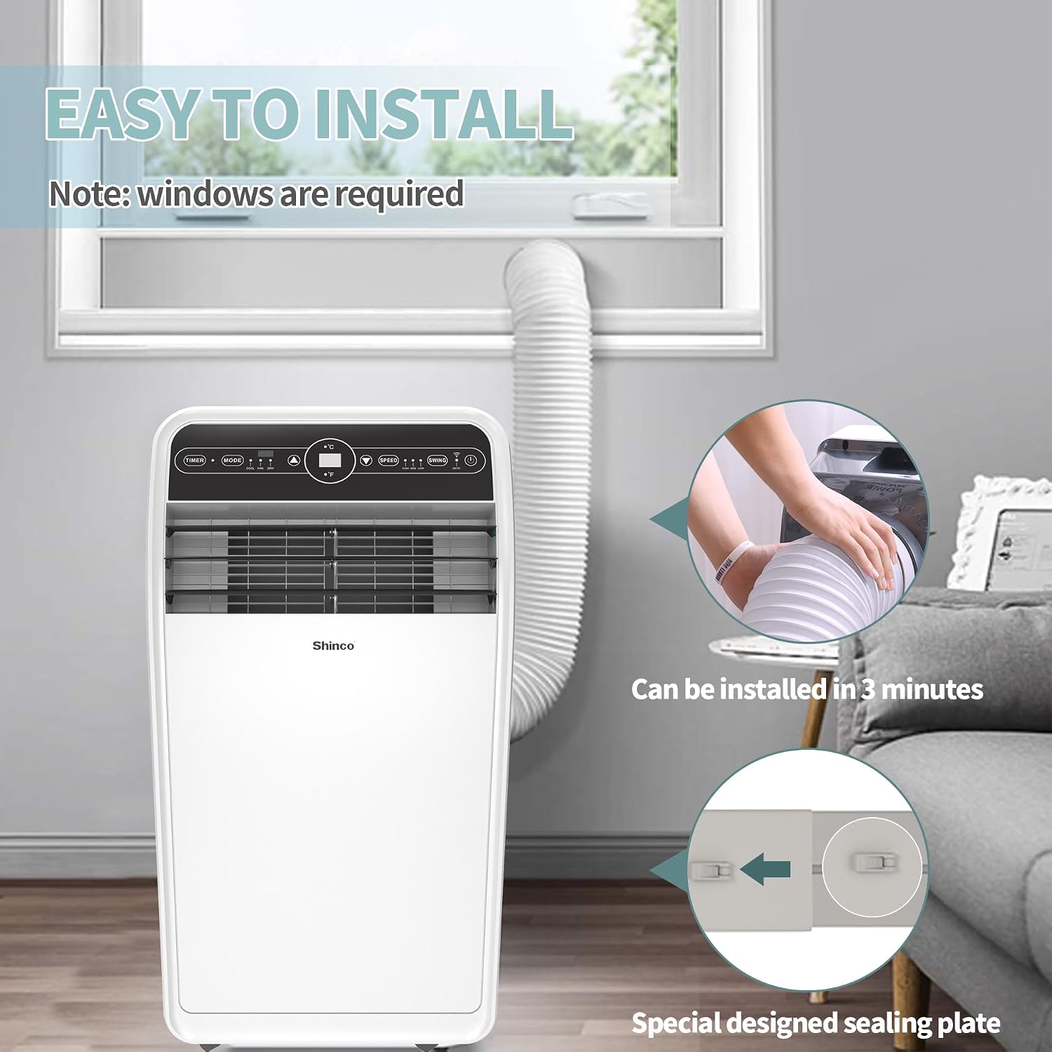 Shinco 10,000 BTU Portable Air Conditioner, Portable AC Unit with Built-in Cool, Dehumidifier & Fan Modes for Room up to 400 sq.ft, RC, Wi-Fi Enabled, 24 Hour Timer, Window Kit