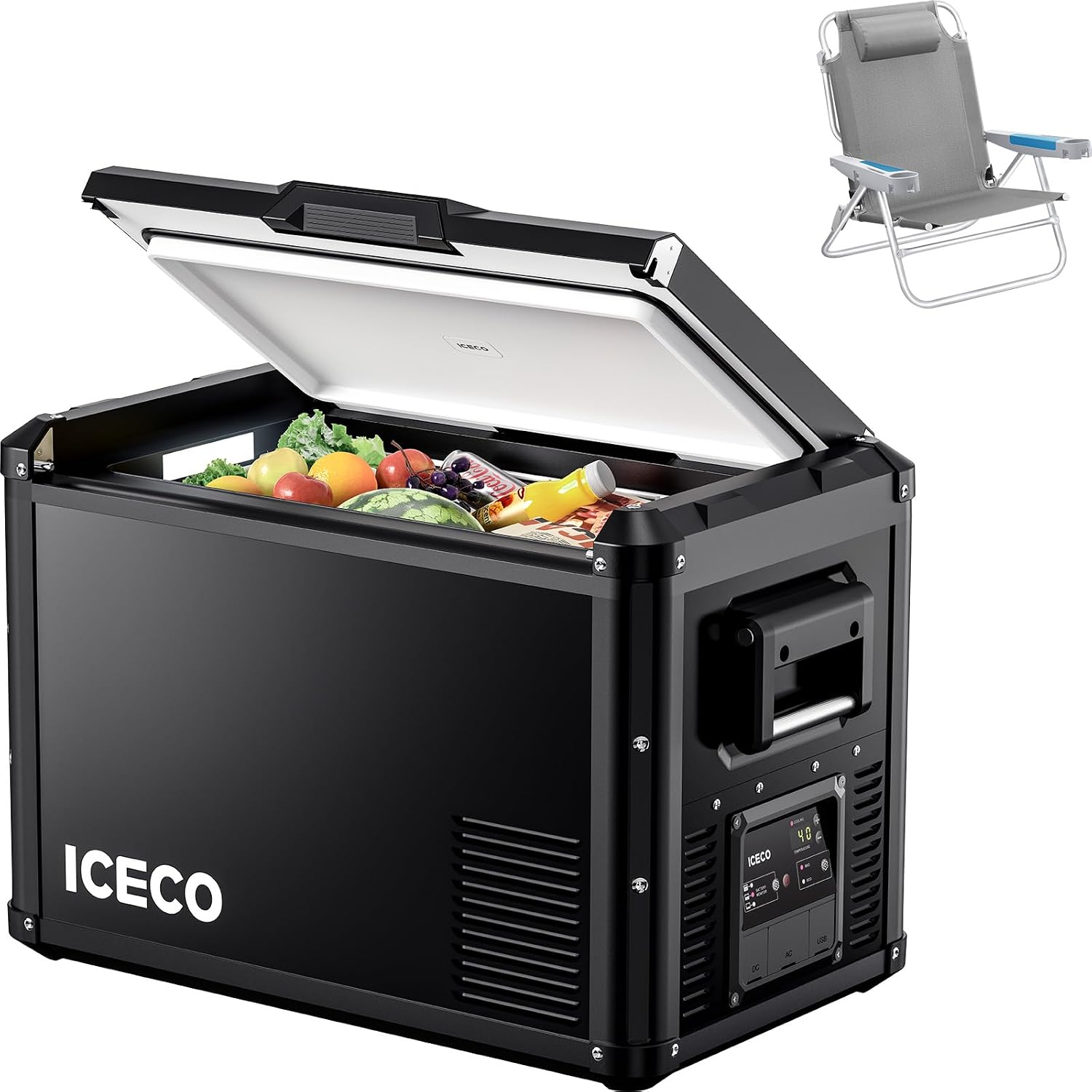 ICECO VL45 ProS Portable Fridge, Multi-directional Lid, 47 Quart 12V Refrigerator Powered by SECOP, Dual USB & DC, AC, 0℉-50℉, Car Freezer for Car, Outdoor, Trip|With BC75 Beach Chair Grey
