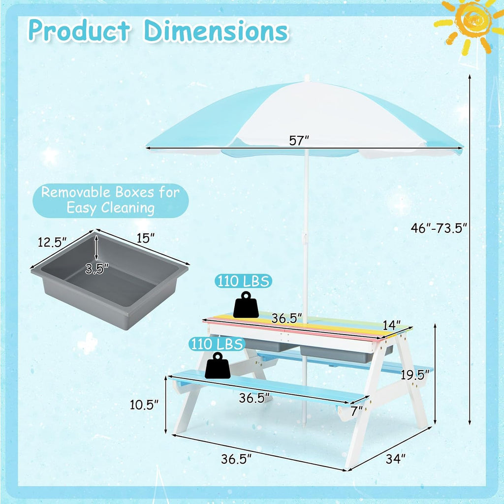 Costzon Kids Picnic Table with Sensory Bins, 4 in 1 Sand and Water Table with Height Adjustable Umbrella, Removable Tabletop for Outdoor Backyard Patio Play