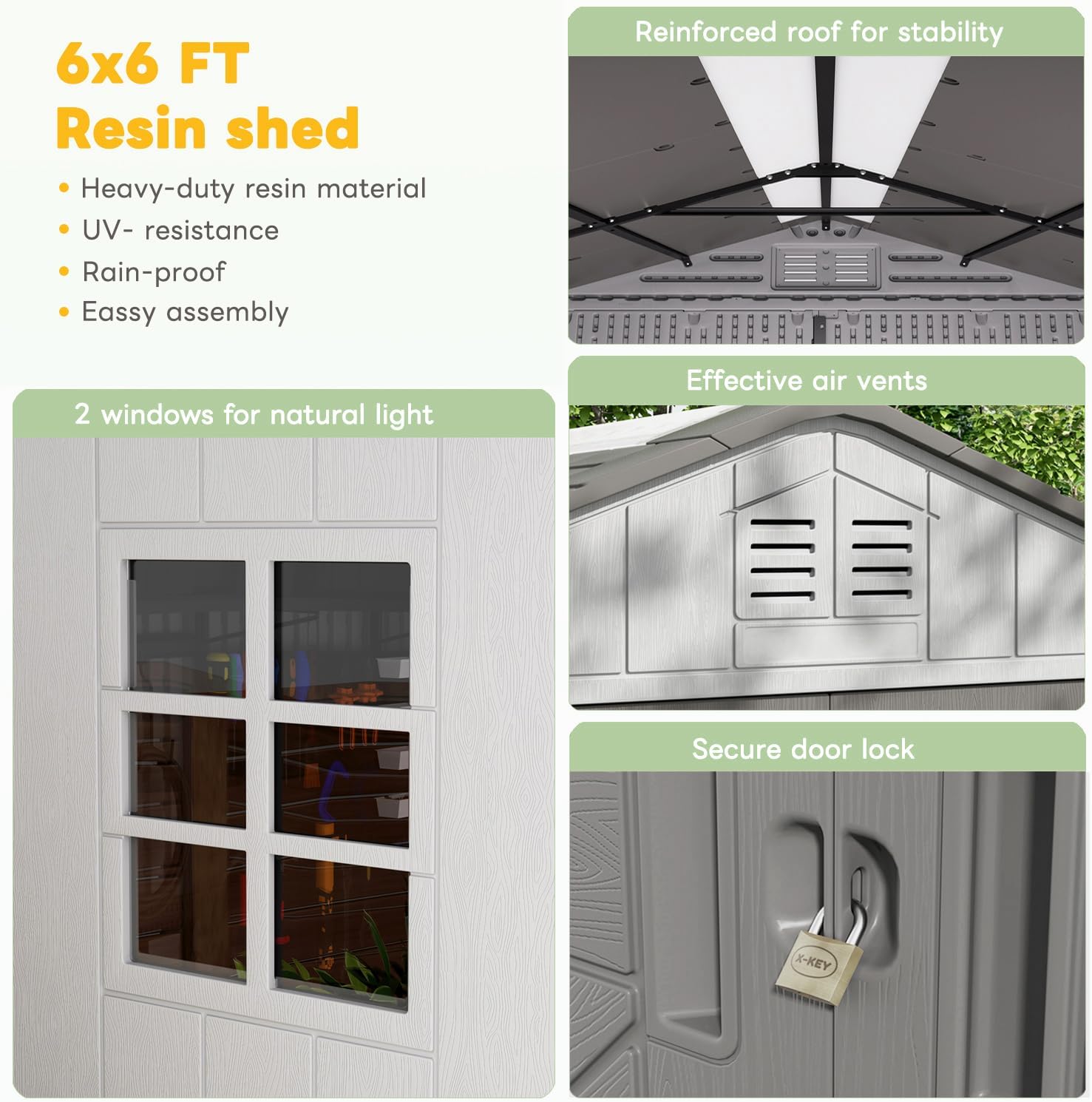 KINYING 6x6 FT Outdoor Storage Shed,Resin Clearance Outdoor Sheds with Floor,Weather Resistant Garden Tool Plastic Shed with Window for Backyard, Garden, Patio, Lawn,Lockable