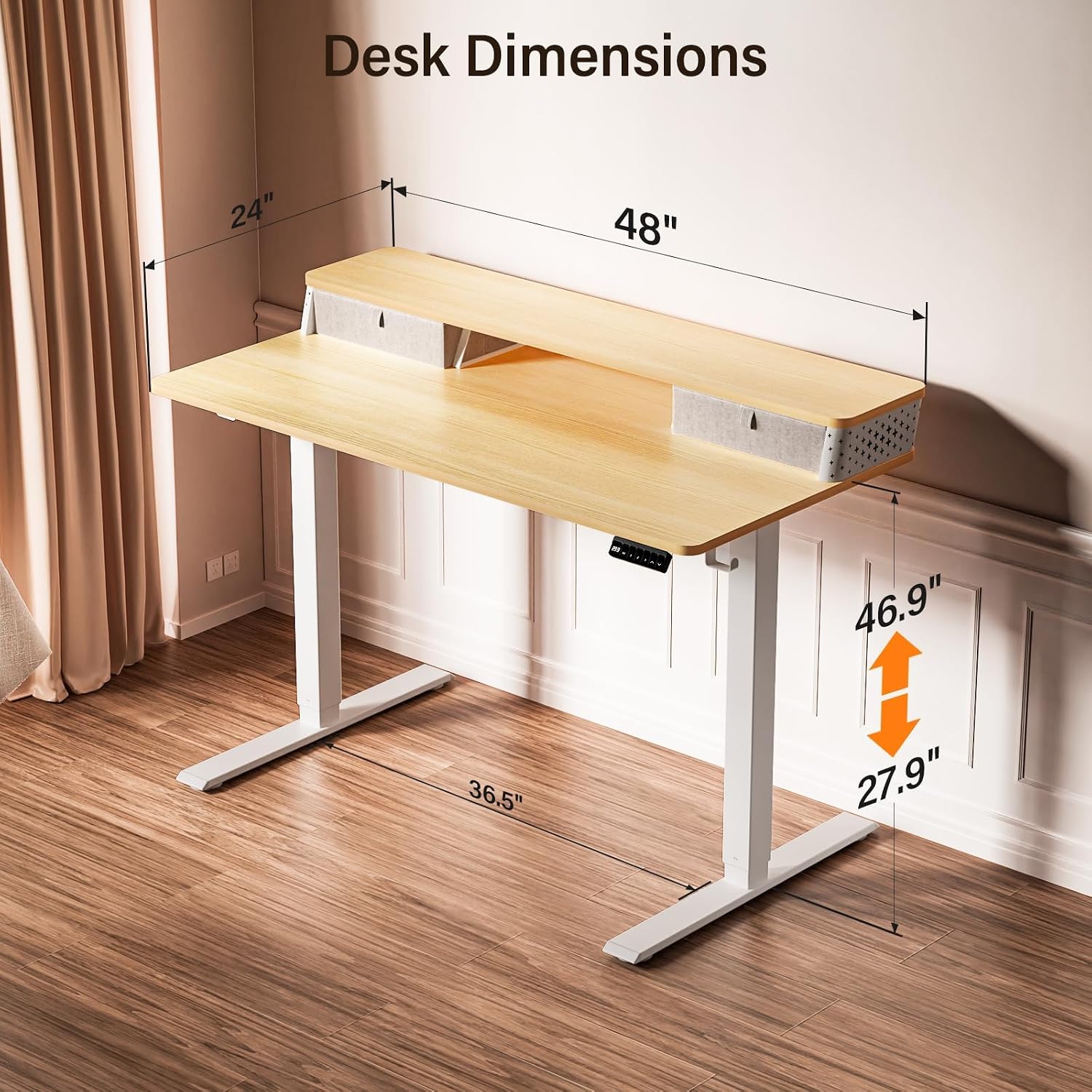 Kingant 48 x 24 Inch Electric Standing Desk with Dual Drawers, Height Adjustable Sit to Stand Computer Desk with Storage Shelf and C-Clamp Mount Compatibility for Home Office, Nature