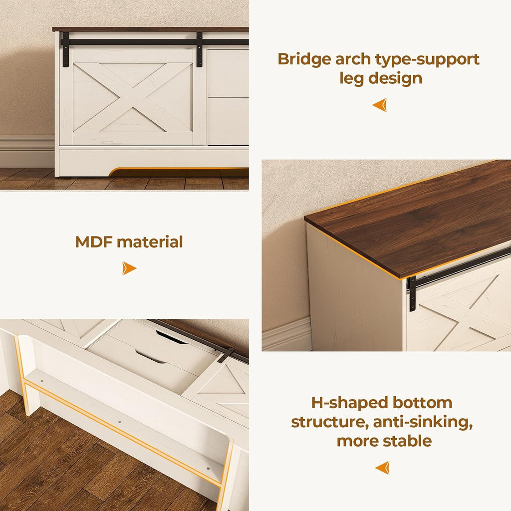 UPOSOJA 60' Farmhouse Storage Bench with Cushion, Shoe Rack with Slide Barn Doors, Adjustable Shelf and 2 Drawer for Entry, Bedroom, Closet, Living Room, Hallway (White Brown, 60 in)