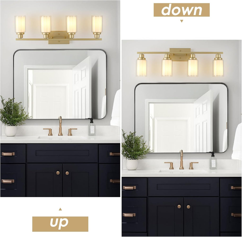 Jonsi Bathroom Vanity Light 4-Light Gold Vanity Lights 31' Bathroom Light Fixtures Over Mirror with Double Clear Glass Modern Wall Sconces for Living Room Hallway Bedroom