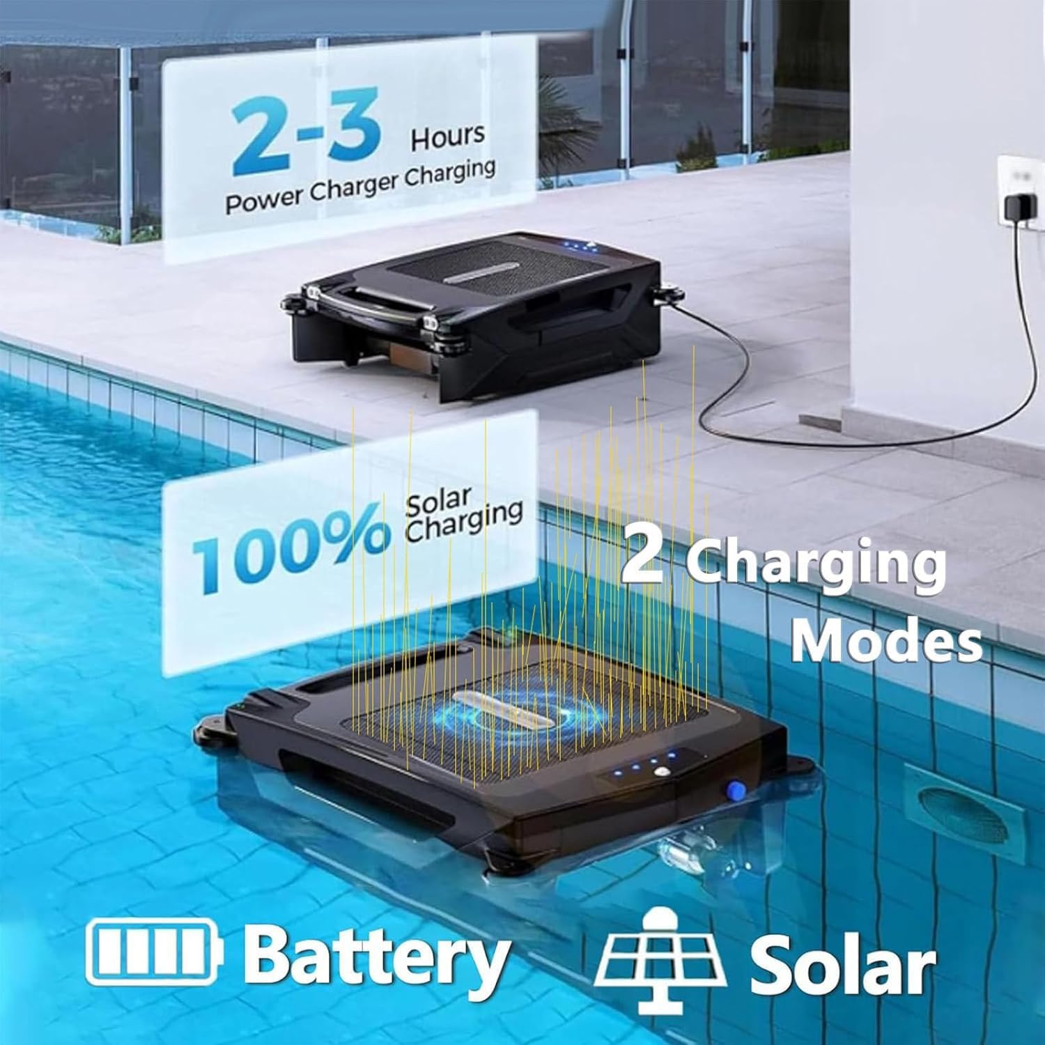 Solar Powered Cordless Robotic Pool Cleaner with Dual Charging 2 Cleaning Modes Auto Obstacle Avoidance and Escape Function Rechargeable Pool Skimmer Robot with 2500mAh Battery Removable Basket